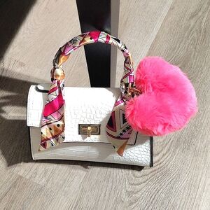 🆕3PC Mini White Crossbody Purse w Twill Bag Scarf/Keychain NWT